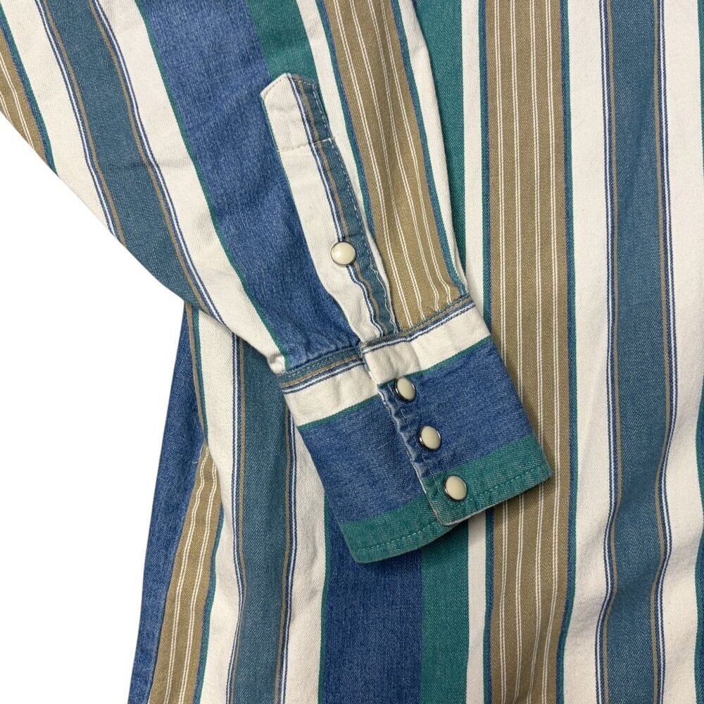 Vtg Wrangler Brushpopper Shirt Size XL Pearl Snap Western Cowboy Stripe Long Tai - Picture 4 of 7
